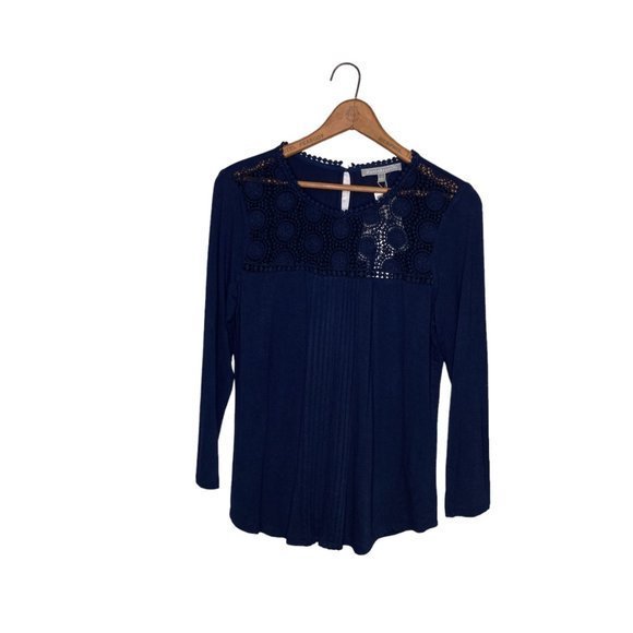 New Daniel Rainn Small S Stitch Fix Navy Blue Darrel Crochet Yoke Knit Top - Picture 2 of 6